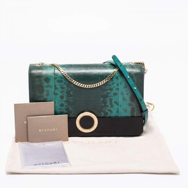 Pre Owned Bvlgari Green/Black Karung Leather and Perspex Flap Cover Shoulder Bag
