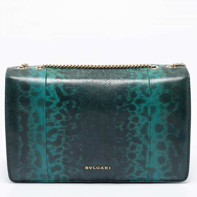 Pre Owned Bvlgari Green/Black Karung Leather and Perspex Flap Cover Shoulder Bag