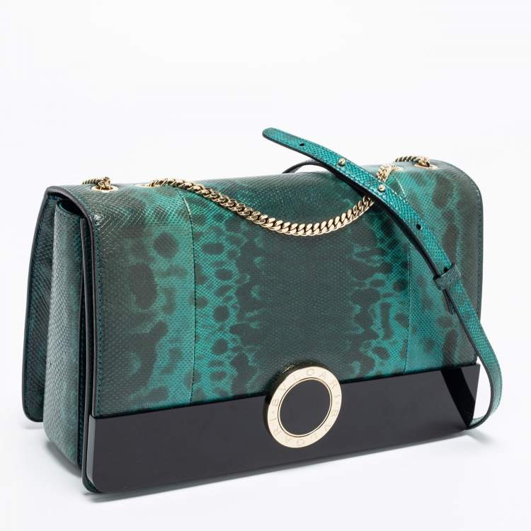 Pre Owned Bvlgari Green/Black Karung Leather and Perspex Flap Cover Shoulder Bag