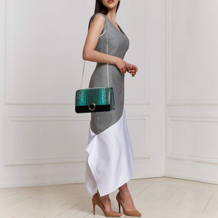 Pre Owned Bvlgari Green/Black Karung Leather and Perspex Flap Cover Shoulder Bag
