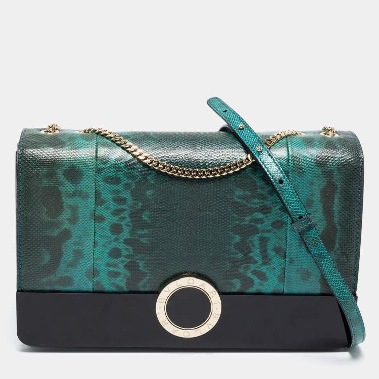 Pre Owned Bvlgari Green/Black Karung Leather and Perspex Flap Cover Shoulder Bag