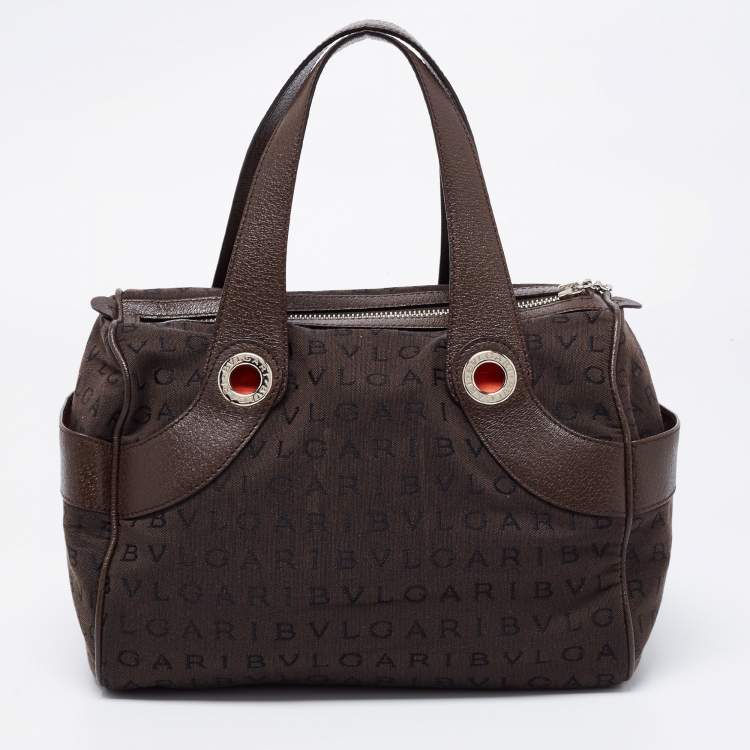Pre Owned Bvlgari Brown Logo Mania Fabric and Leather Boston Bag