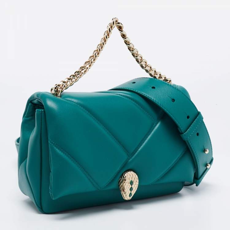 Pre Owned Bvlgari Green Quilted Leather Small Serpenti Cabochon Crossbody Bag