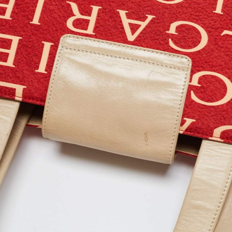 Pre Owned Bvlgari Red/Beige Logo Mania Fabric and Leather Baguette Bag