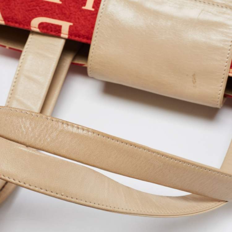 Pre Owned Bvlgari Red/Beige Logo Mania Fabric and Leather Baguette Bag