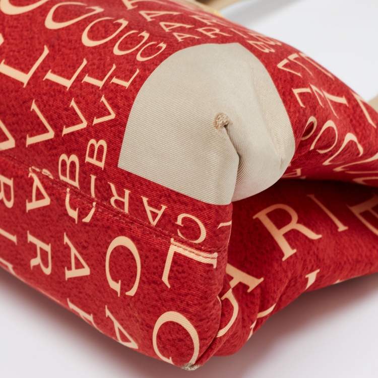 Pre Owned Bvlgari Red/Beige Logo Mania Fabric and Leather Baguette Bag