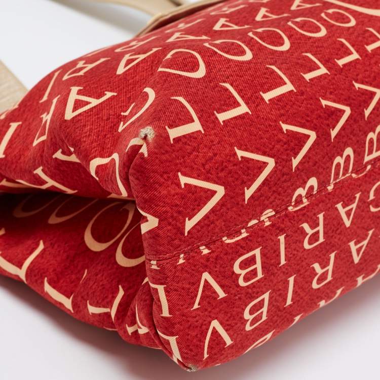 Pre Owned Bvlgari Red/Beige Logo Mania Fabric and Leather Baguette Bag