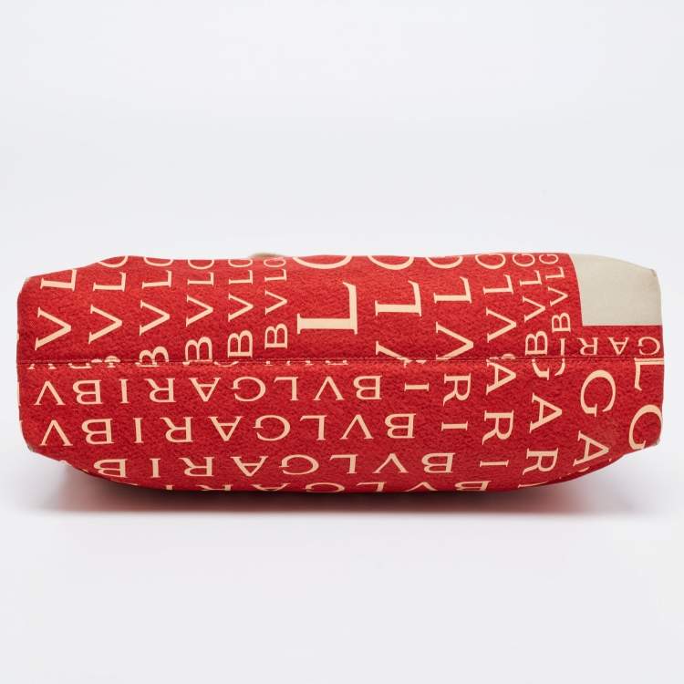 Pre Owned Bvlgari Red/Beige Logo Mania Fabric and Leather Baguette Bag