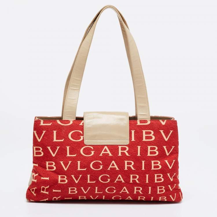 Pre Owned Bvlgari Red/Beige Logo Mania Fabric and Leather Baguette Bag
