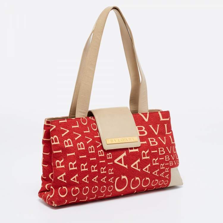 Pre Owned Bvlgari Red/Beige Logo Mania Fabric and Leather Baguette Bag