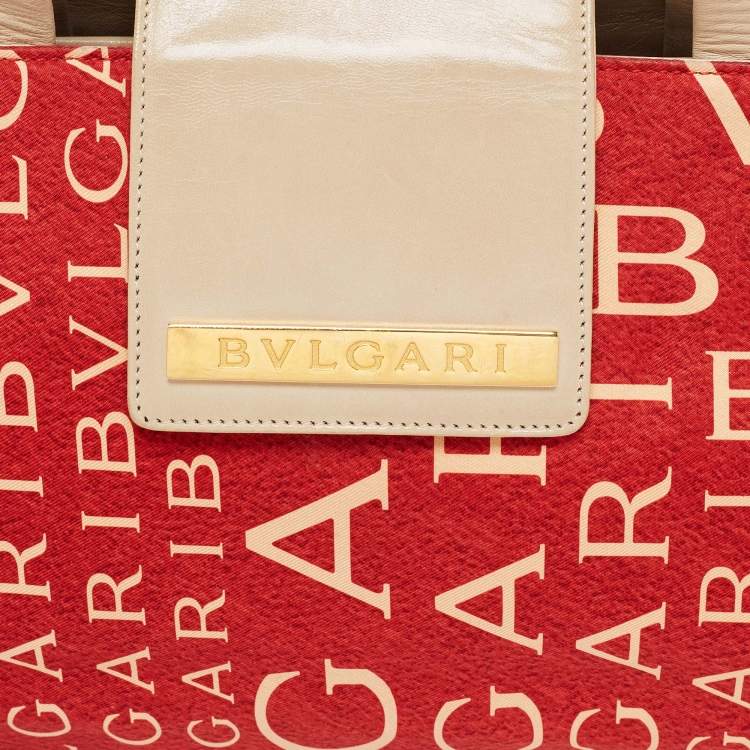Pre Owned Bvlgari Red/Beige Logo Mania Fabric and Leather Baguette Bag