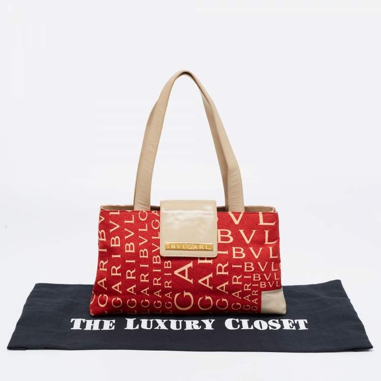 Pre Owned Bvlgari Red/Beige Logo Mania Fabric and Leather Baguette Bag