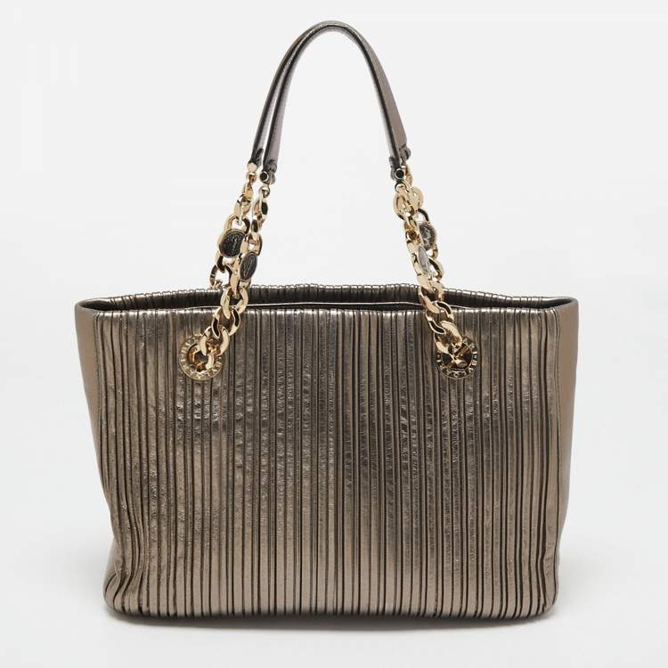 Pre Owned Bvlgari Metallic Grey Leather Monte Plisse Shopper Tote