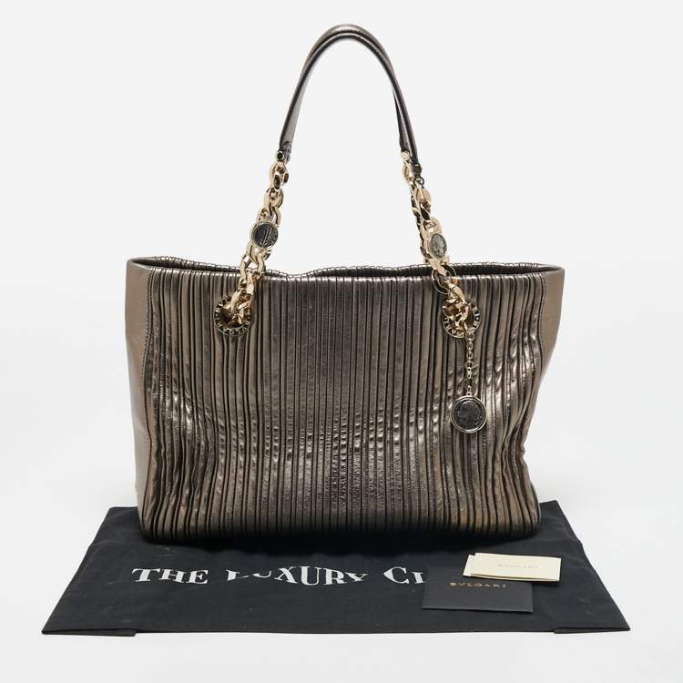 Pre Owned Bvlgari Metallic Grey Leather Monte Plisse Shopper Tote
