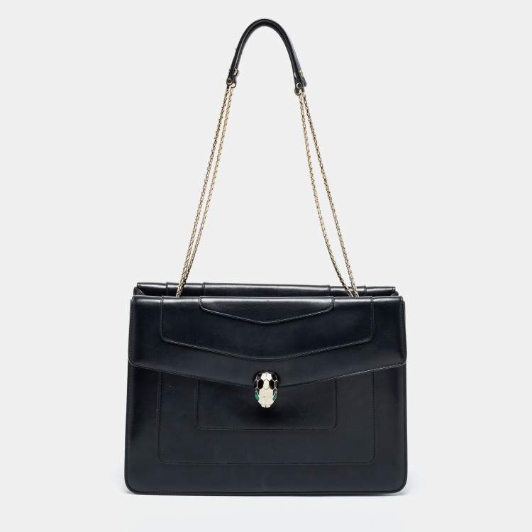 Pre Owned Bvlgari Black Leather  Serpenti Forever Double Flap Shoulder Bag