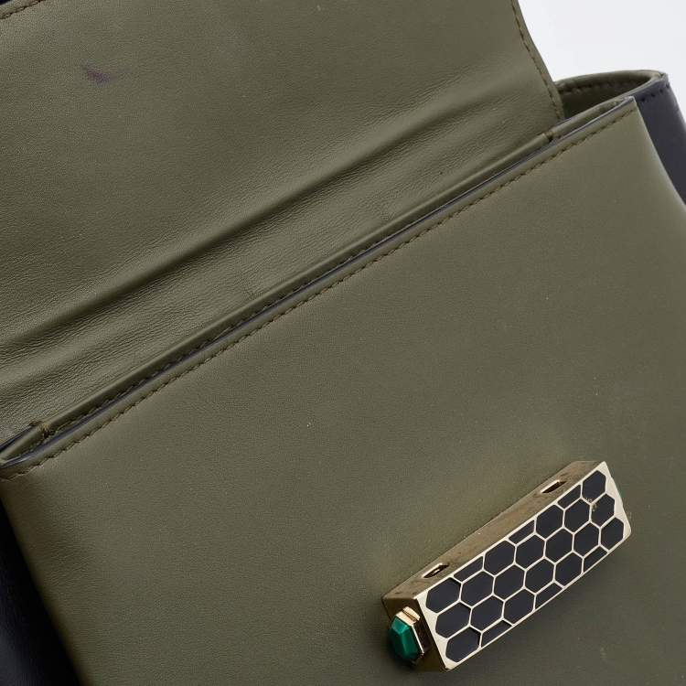 Pre Owned Bvlgari Green/Black Leather Medium Serpenti Viper Top Handle Bag