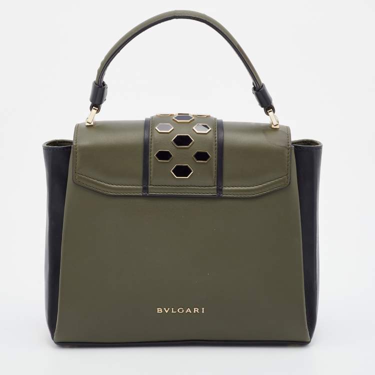 Pre Owned Bvlgari Green/Black Leather Medium Serpenti Viper Top Handle Bag