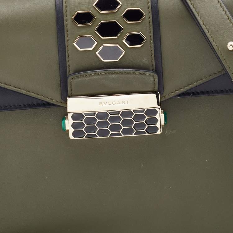 Pre Owned Bvlgari Green/Black Leather Medium Serpenti Viper Top Handle Bag
