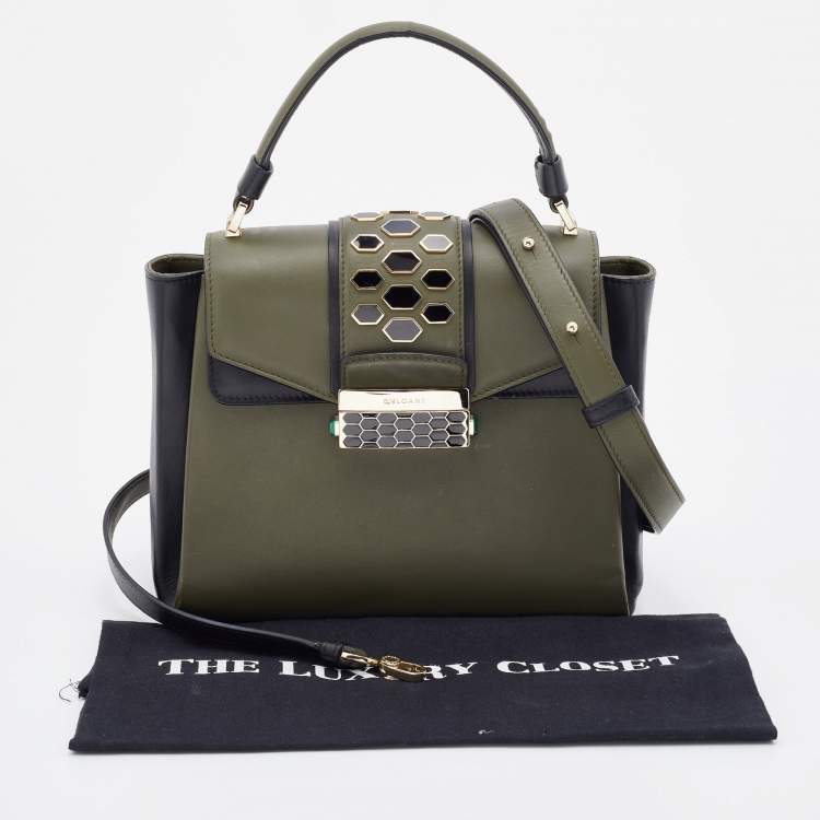Pre Owned Bvlgari Green/Black Leather Medium Serpenti Viper Top Handle Bag