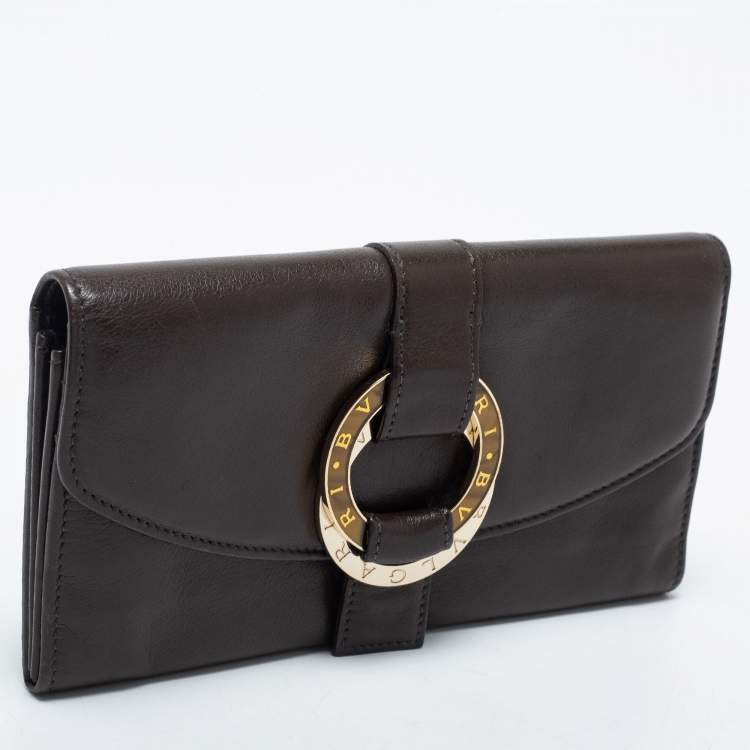 Pre Owned Bvlgari Dark Brown Leather Double Ring Flap Continental Wallet