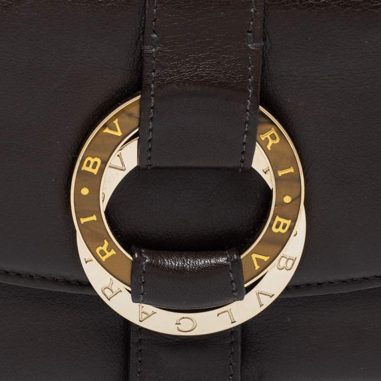 Pre Owned Bvlgari Dark Brown Leather Double Ring Flap Continental Wallet