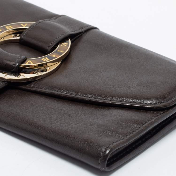 Pre Owned Bvlgari Dark Brown Leather Double Ring Flap Continental Wallet