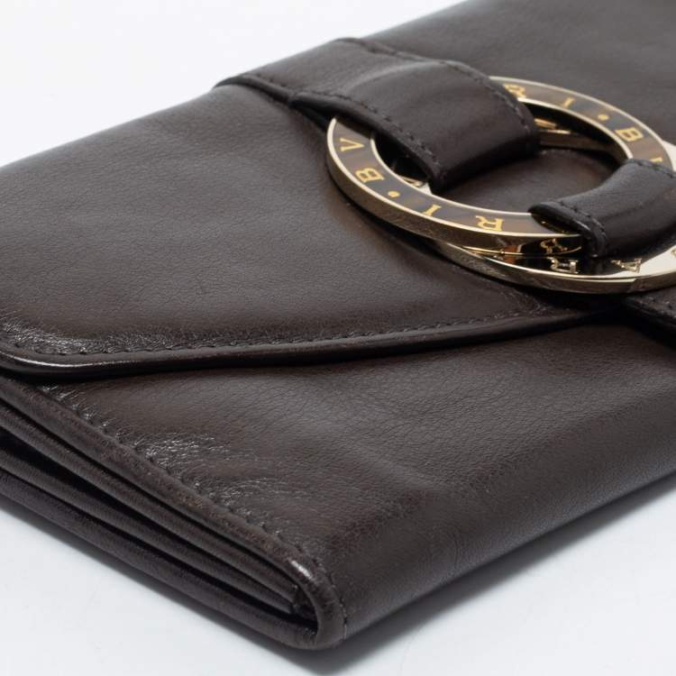 Pre Owned Bvlgari Dark Brown Leather Double Ring Flap Continental Wallet
