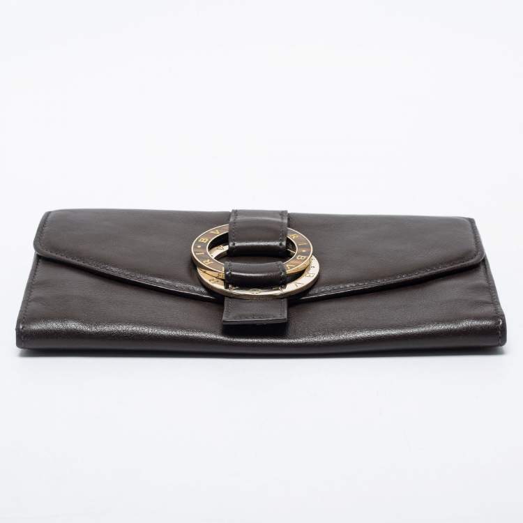 Pre Owned Bvlgari Dark Brown Leather Double Ring Flap Continental Wallet