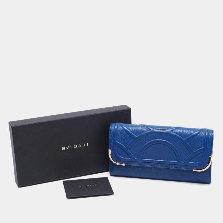 Pre Owned Bvlgari Blue Leather Flap Metal Edge Continental Wallet