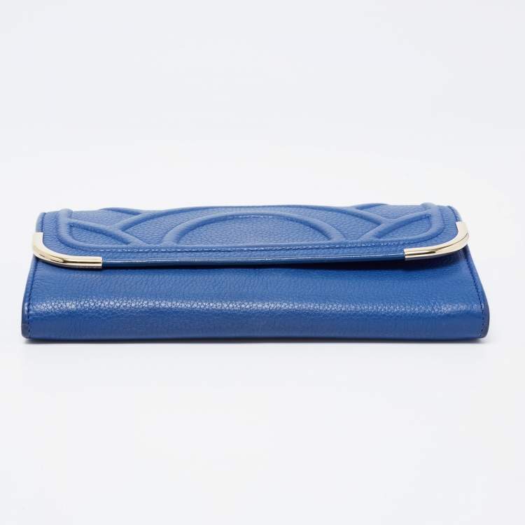 Pre Owned Bvlgari Blue Leather Flap Metal Edge Continental Wallet