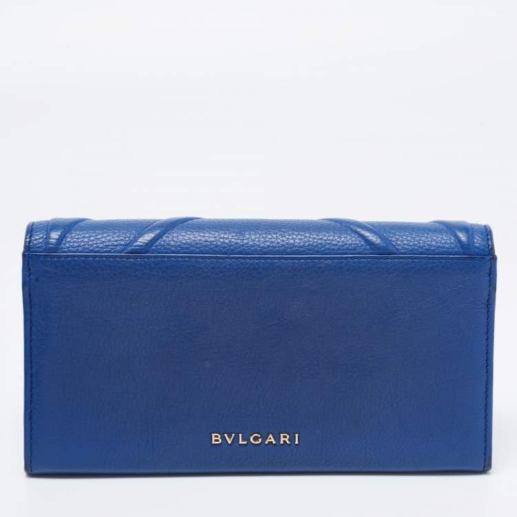 Pre Owned Bvlgari Blue Leather Flap Metal Edge Continental Wallet