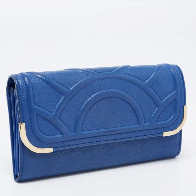 Pre Owned Bvlgari Blue Leather Flap Metal Edge Continental Wallet