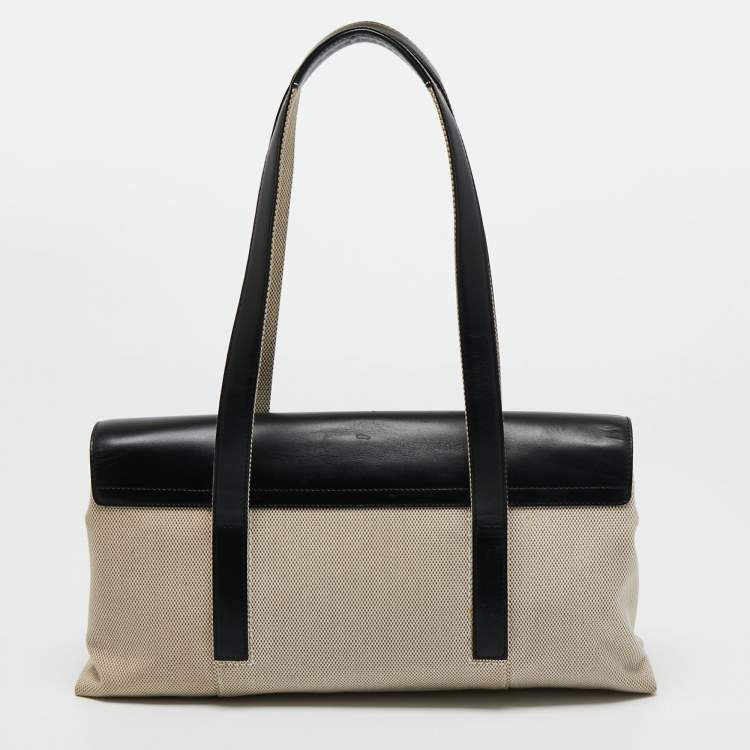 Pre Owned Bvlgari Beige/Black Leather and Canvas Flap Shoulder Bag