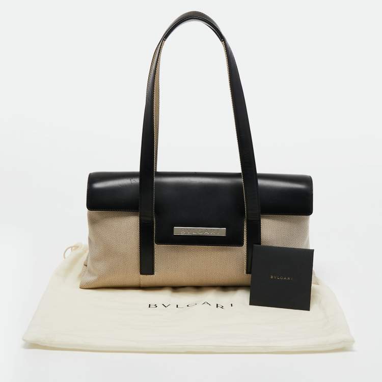 Pre Owned Bvlgari Beige/Black Leather and Canvas Flap Shoulder Bag