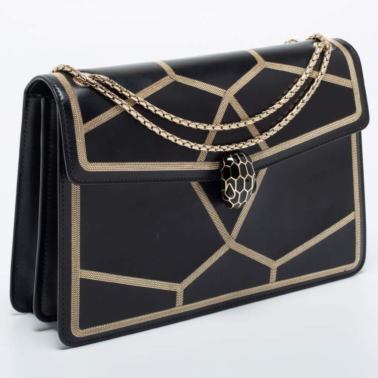 Pre Owned Bvlgari Black Leather Serpenti Forever Chain Frame Shoulder Bag
