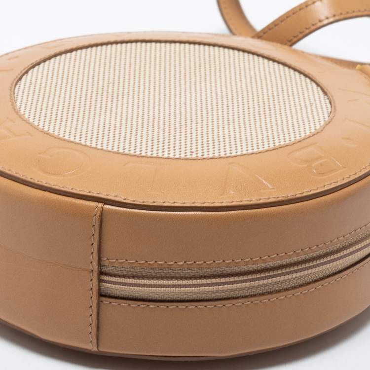 Pre Owned Bvlgari Beige Leather and Canvas Round Clutch Bag