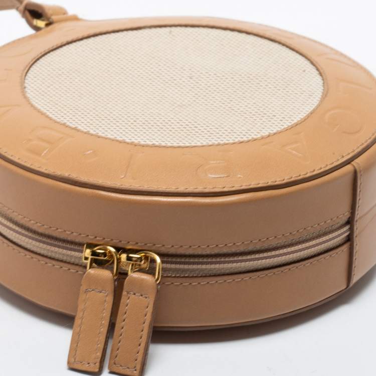 Pre Owned Bvlgari Beige Leather and Canvas Round Clutch Bag