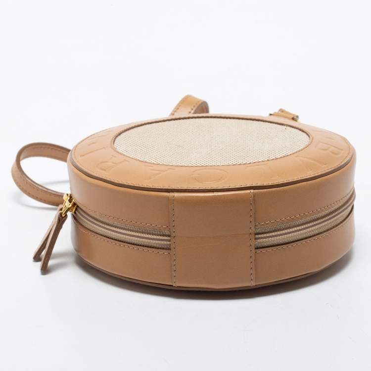 Pre Owned Bvlgari Beige Leather and Canvas Round Clutch Bag