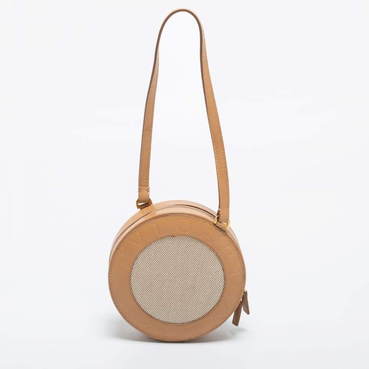 Pre Owned Bvlgari Beige Leather and Canvas Round Clutch Bag