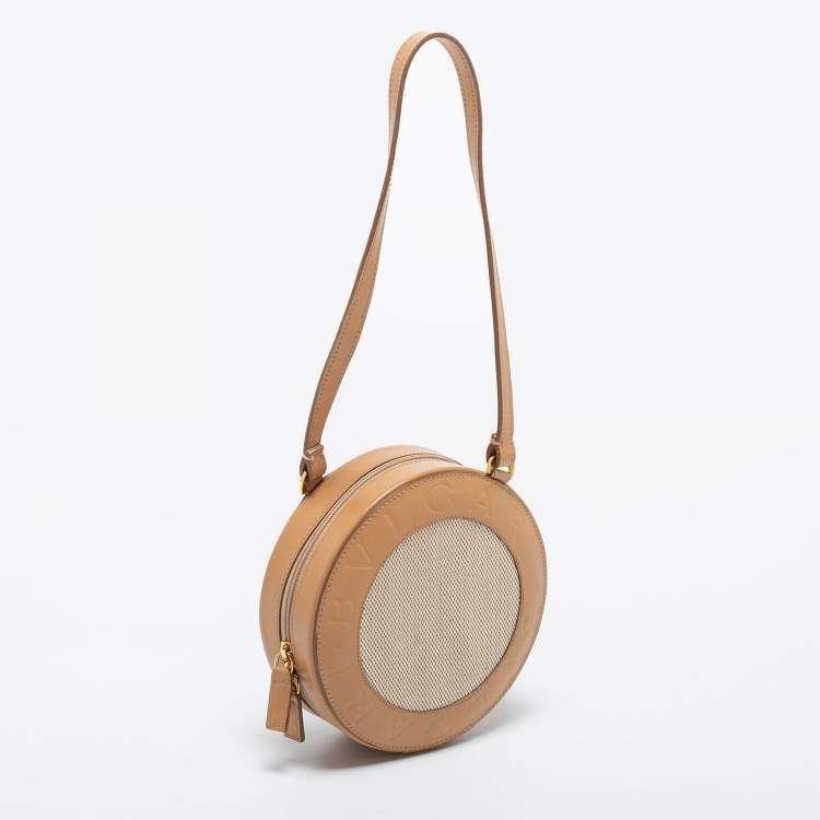 Pre Owned Bvlgari Beige Leather and Canvas Round Clutch Bag