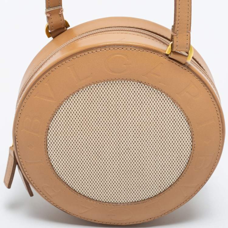 Pre Owned Bvlgari Beige Leather and Canvas Round Clutch Bag