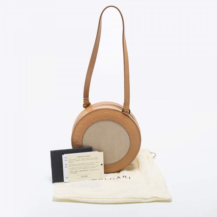 Pre Owned Bvlgari Beige Leather and Canvas Round Clutch Bag