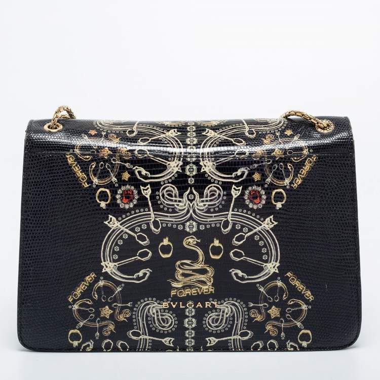 Pre Owned Bvlgari Black Lizard Medium Serpenti Flap Shoulder Bag