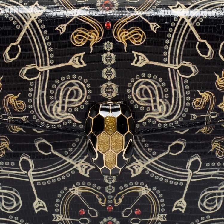 Pre Owned Bvlgari Black Lizard Medium Serpenti Flap Shoulder Bag