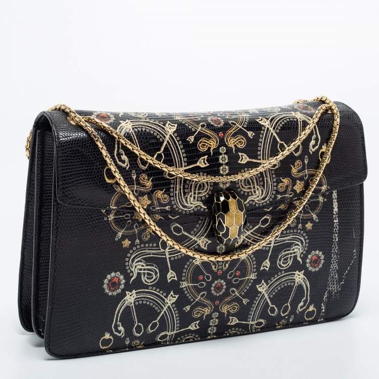 Pre Owned Bvlgari Black Lizard Medium Serpenti Flap Shoulder Bag