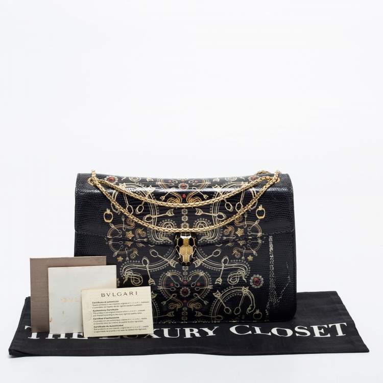 Pre Owned Bvlgari Black Lizard Medium Serpenti Flap Shoulder Bag