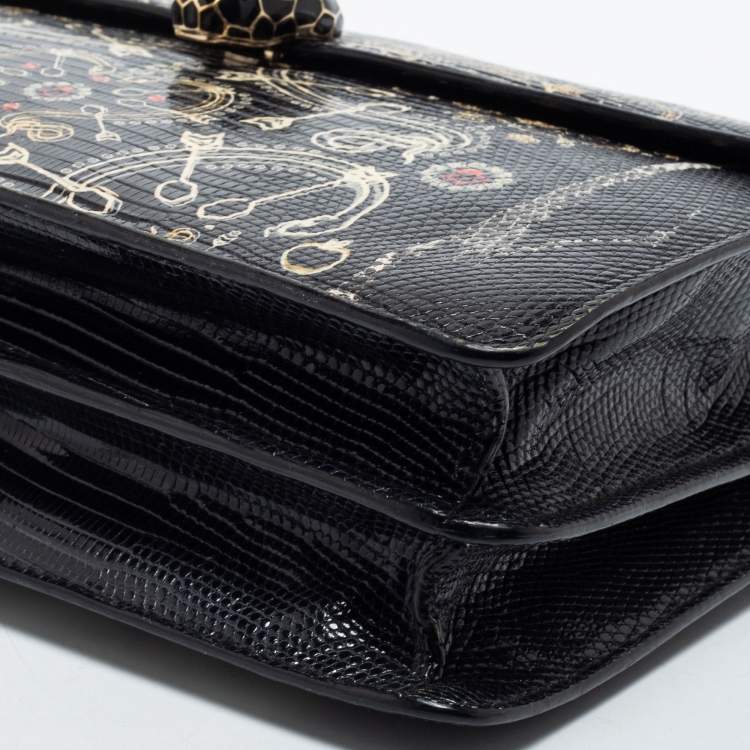 Pre Owned Bvlgari Black Lizard Medium Serpenti Flap Shoulder Bag