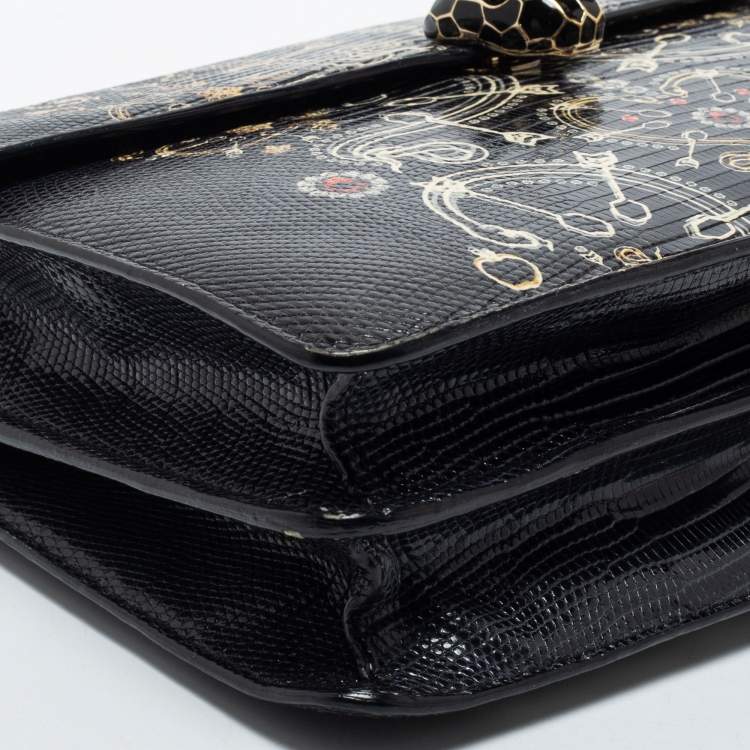 Pre Owned Bvlgari Black Lizard Medium Serpenti Flap Shoulder Bag