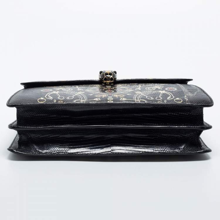 Pre Owned Bvlgari Black Lizard Medium Serpenti Flap Shoulder Bag