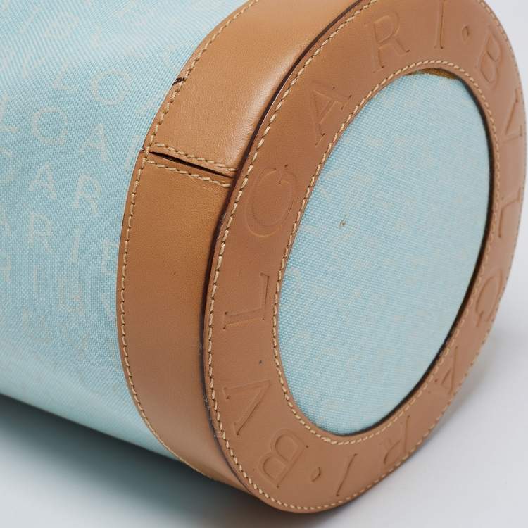 Pre Owned Bvlgari Brown/Light Beige Logo Mania Canvas and Leather Cylinder Bag